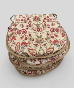 Classic D shaped seat pads in a traditional multicoloured print on a tapestry fabric