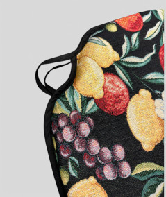 Spindle shaped seat pads in a black tapestry fabric with a bold multicoloured fruit print