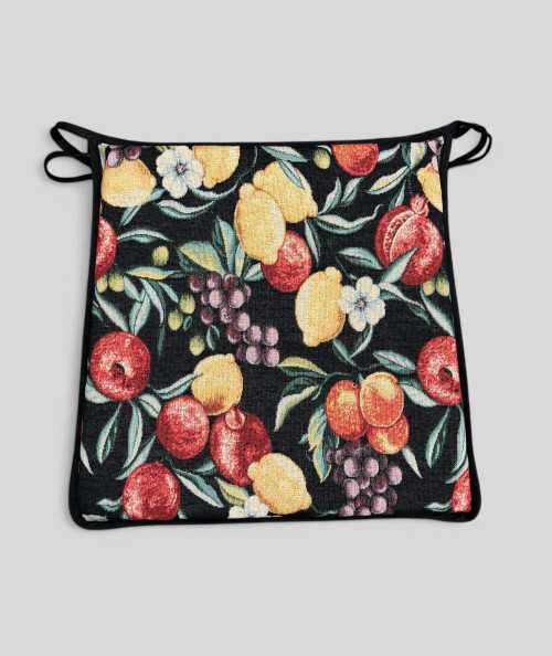 Multi-coloured tapered seat pads in a modern fruit design on a black base