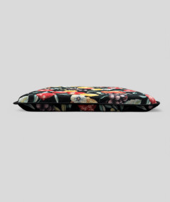 Multi-coloured tapered chair cushions in a modern fruit design on a black base