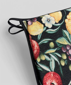 Multi-coloured tapered seat cushions in a modern fruit design on a black base