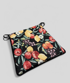 Multi-coloured tapered chair pads in a modern fruit design on a black base