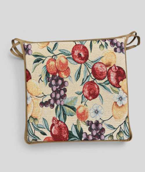 Multi-coloured square chair pads with a modern fruit design on a rich beige tapestry base