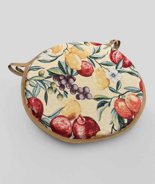 Multicoloured round bistro tapestry seat pads with a modern fruit design on a beige base