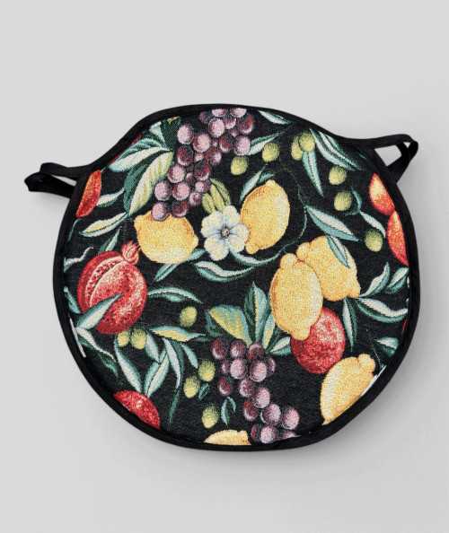 Multicoloured round bistro tapestry seat pads with a modern fruit design on a black base