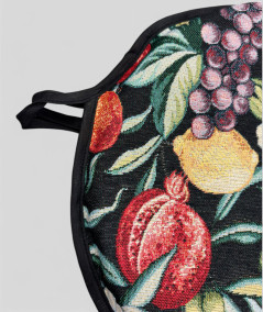 Multicoloured round bistro tapestry seat cushions with a modern fruit design on a black base