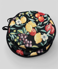 Multicoloured round bistro tapestry chair cushions with a modern fruit design on a black base