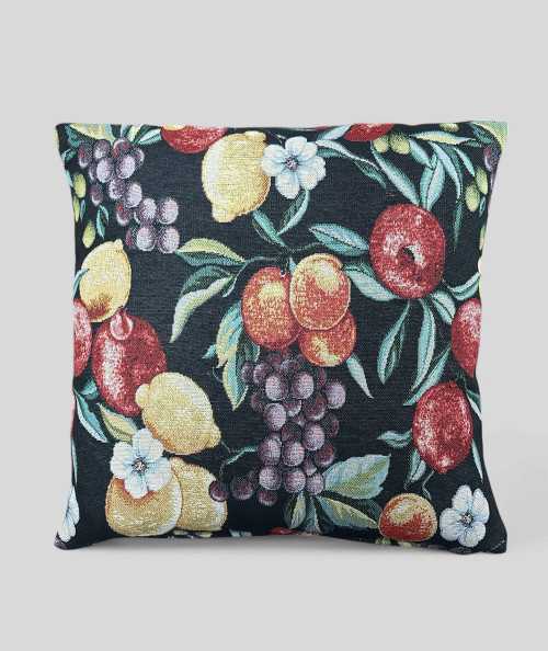 Square cushions in a hardwearing tapestry type fabric with a multicoloured fruit design on a black base