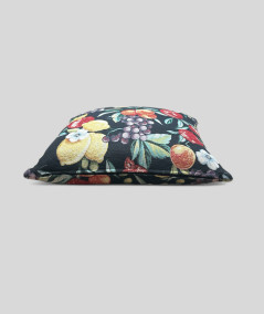 Square sofa cushions in a hardwearing tapestry type fabric with a multicoloured fruit design on a black base