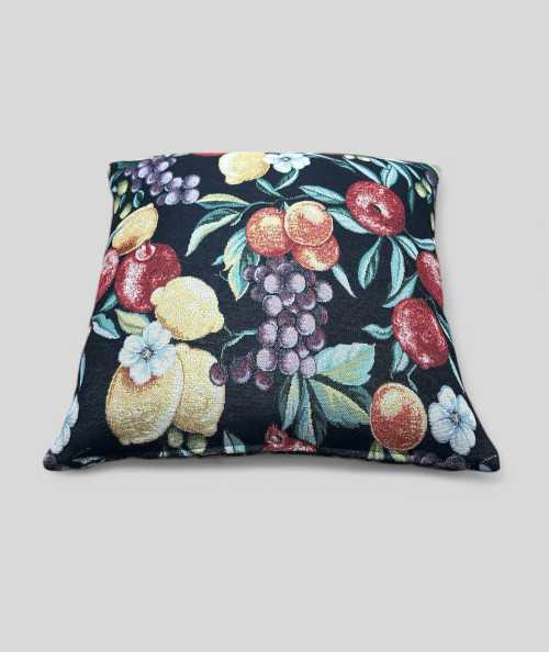 Square scatter cushions in a hardwearing tapestry type fabric with a multicoloured fruit design on a black base