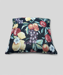 Square scatter cushions in a hardwearing tapestry type fabric with a multicoloured fruit design on a black base