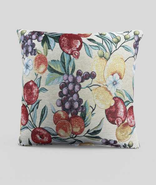 Square cushions in a hardwearing tapestry type fabric with a multicoloured fruit design on a beige base
