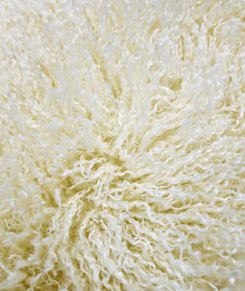 Close up image of the cream curly Mongolian faux fur fabric