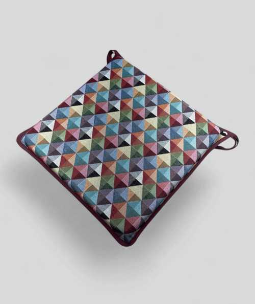 Multicoloured geometric patterned square shaped seat cushions