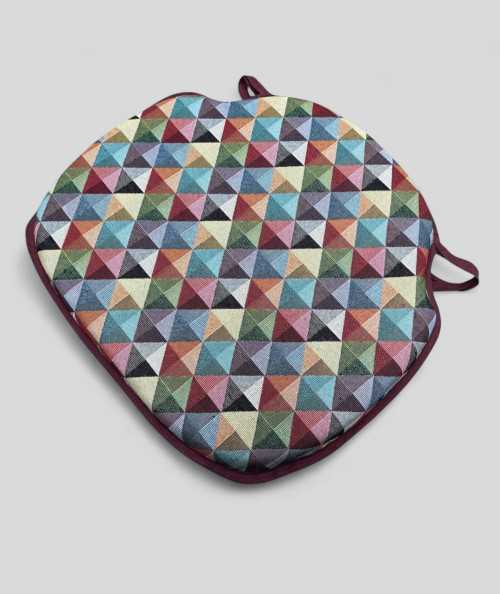 Multicoloured geometric spindle shaped seat cushions