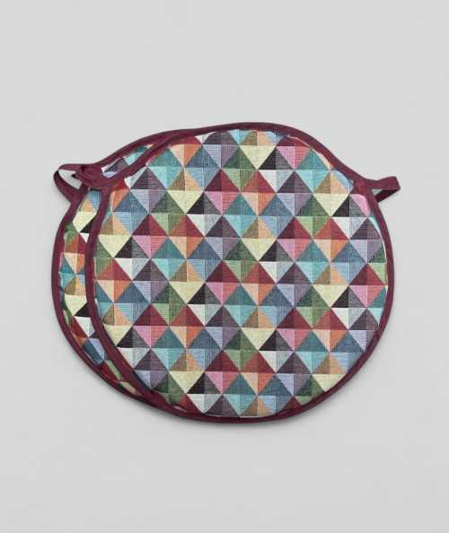 Multicoloured round shaped bistro seat pads in a modern geometric diamond pattern