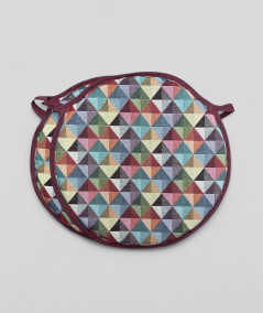 Multicoloured round shaped bistro seat pads in a modern geometric diamond pattern