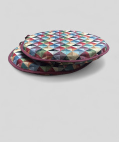 Multicoloured round shaped bistro seat cushions in a modern geometric diamond pattern