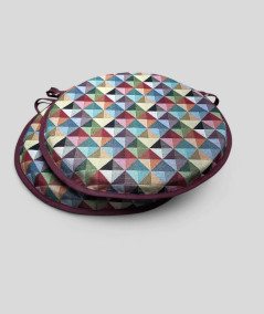 Extra thick non-slip multicoloured round shaped bistro seat pads in a modern geometric diamond pattern