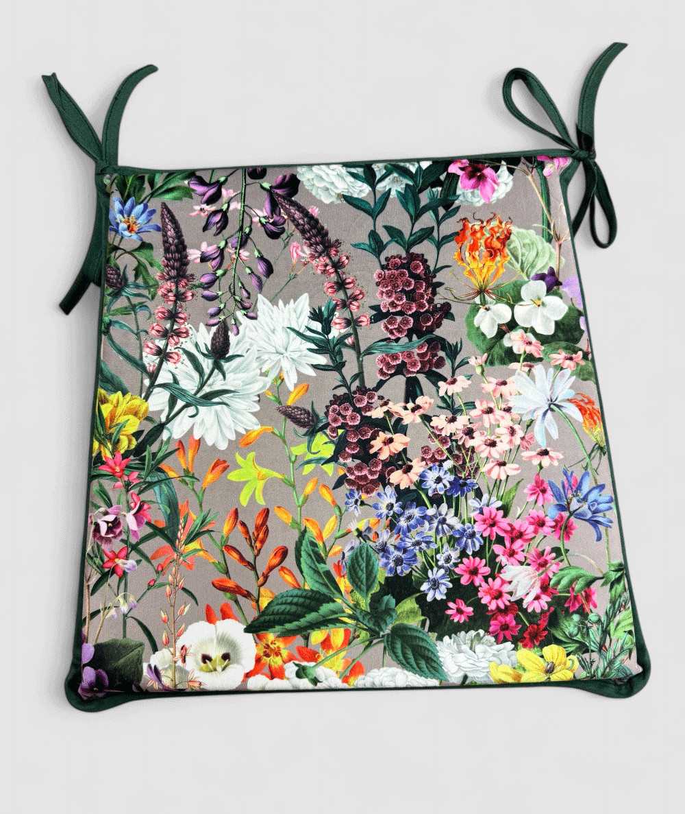 Floral printed velvet, multicoloured tapered seat pads on a taupe base