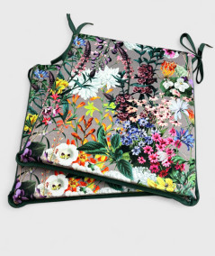 Floral printed velvet, multicoloured tapered chair pads on a taupe base