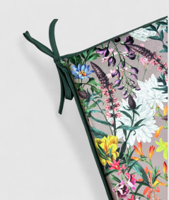 Floral printed velvet, multicoloured tapered chair cushions on a taupe base