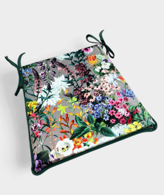 Flowery printed velvet, multicoloured tapered chair pads on a taupe base