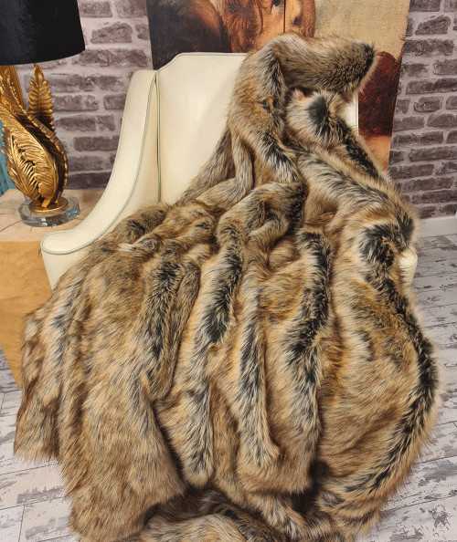 Luxury long-haired beige and brown faux fur throw