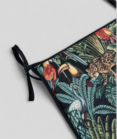 Multi-coloured square seat pads with a modern rainforest design on a rich black tapestry base