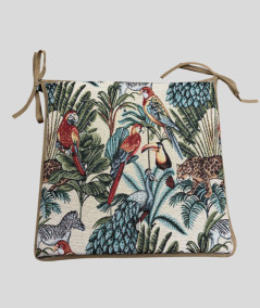Multi-coloured square chair pads with a modern rainforest design on a warm beige tapestry base
