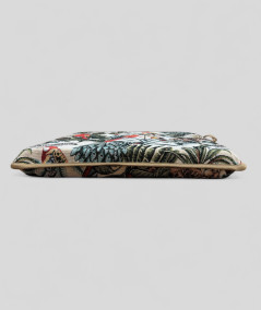 Multi-coloured square chair cushions with a modern rainforest design on a warm beige tapestry base