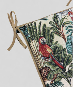 Multi-coloured square seat pads with a modern rainforest design on a warm beige tapestry base