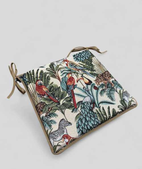 Multi-coloured square seat cushions with a modern rainforest design on a warm beige tapestry base