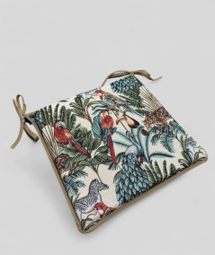 Multi-coloured square seat cushions with a modern rainforest design on a warm beige tapestry base