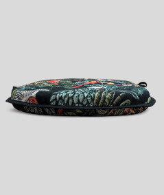 Spindle shaped seat pads in a black tapestry fabric with a bold multicoloured rainforest print
