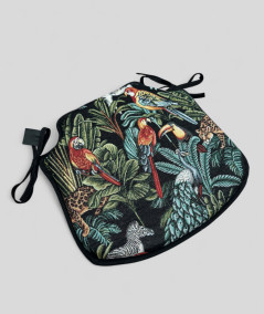 Spindle shaped seat pads in a black tapestry fabric with a bold multicoloured jungle print