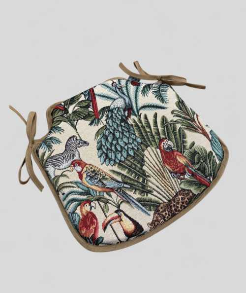 Spindle shaped seat pads in a natural tapestry fabric with a bold multicoloured jungle print