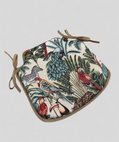 Spindle shaped seat pads in a natural tapestry fabric with a bold multicoloured jungle print