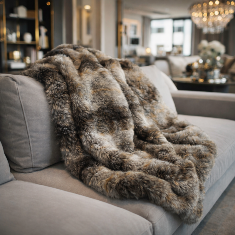 Grey Striped Faux Fur Throw | Fake Fur Throw Grey Wolf