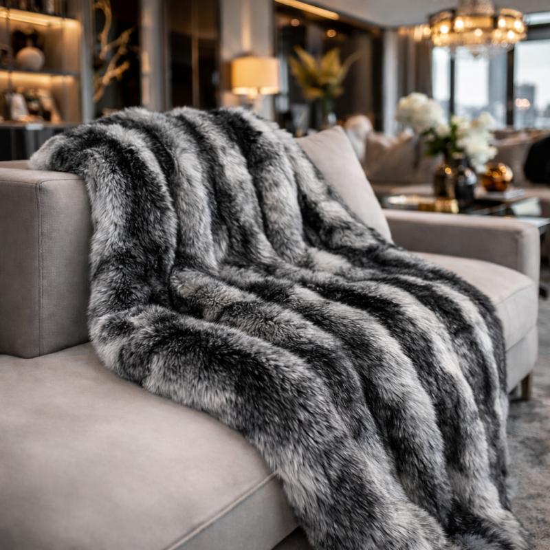 Black Wolf Faux Fur Blanket | Large Dark Grey Bed or Sofa Throw