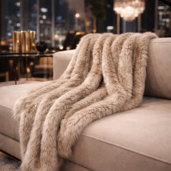 Beige Faux Fur Throw | Large Faux Fur Throw | Tundra Wolf Fur Throw