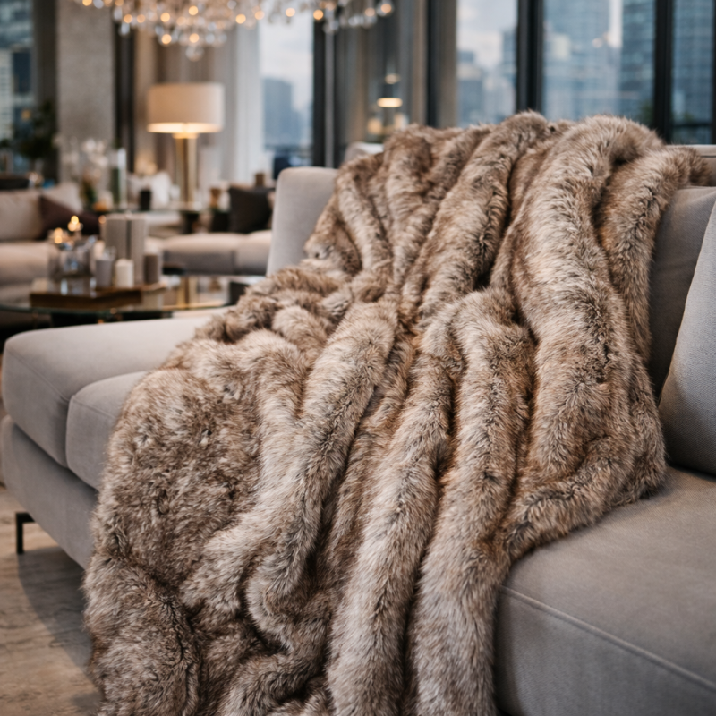 Plaid en fausse fourrure Groundhog | Grands plaids en fausse fourrure | Plaid marron pour canapé