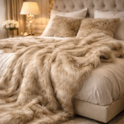 Camel Faux Fur Throw | Beige Faux Fur Bedspread | Long Haired Fur Throw