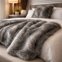 Plaid en fausse fourrure à rayures d'opossum | Couvre-lits en fausse fourrure grise | Couvertures à rayures