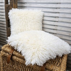 Cream Mongolian Faux Fur Cushion | Cream Curly Haired Fur Cushions |