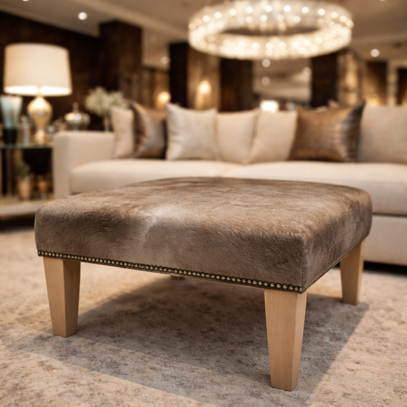 Tabouret carré moyen en cuir de vachette | Tabouret carré beige moucheté
