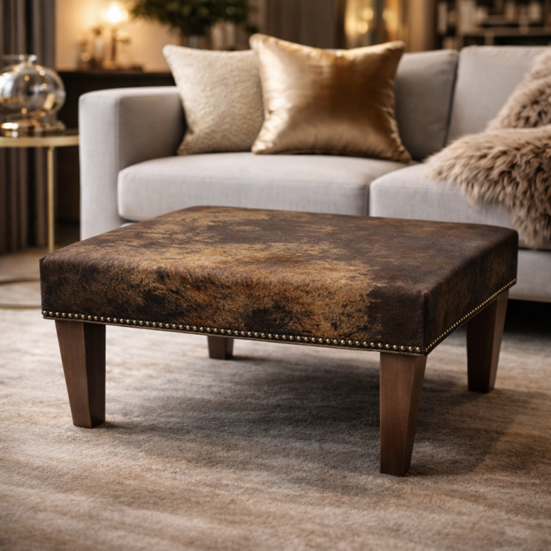 Tabouret carré en cuir de vachette de taille moyenne |
