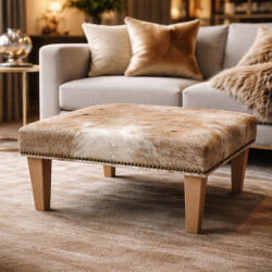 Tabouret carré moyen en cuir de vachette | Tabouret carré beige et blanc