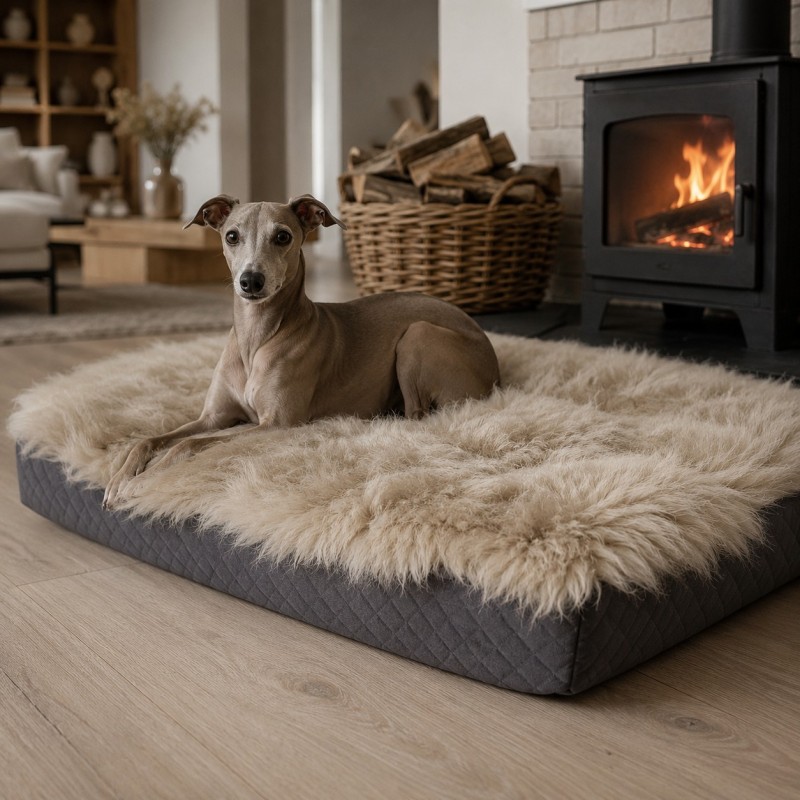 Genuine Sheepskin Pet Bed. Long Haired Orthopaedic Dog Bed - Large, Oyster