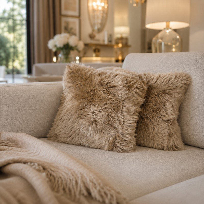 Pair Of Long Haired Genuine Sheepskin Cushions 40cm Oyster